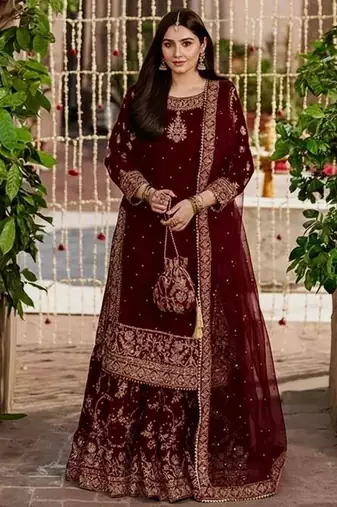 Red velvet embroidered sharara set