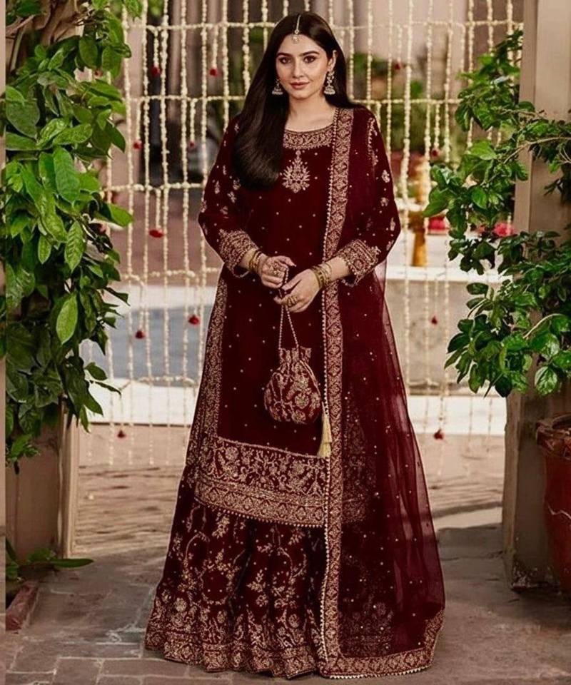 Red velvet embroidered sharara set