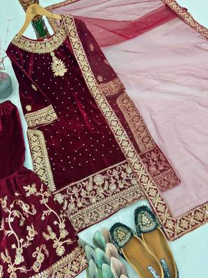 Red velvet embroidered sharara set 2