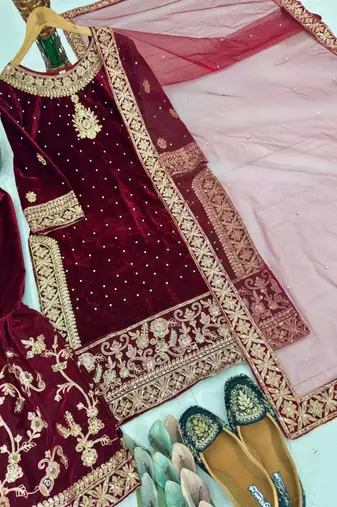 Red velvet embroidered sharara set