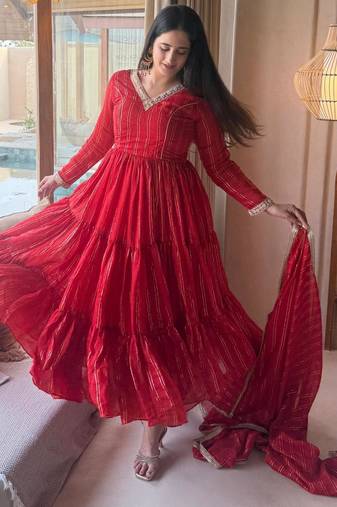Red silk blend plain anarkali set
