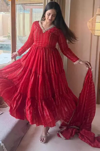 Red silk blend plain anarkali set