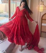 Red silk blend plain anarkali set