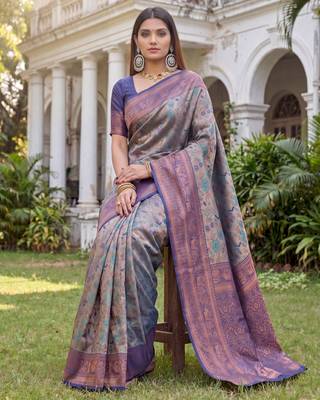 TURQUOISE BLUE ART SILK BANARASI JACUARD WORK SAREE WITH UNSTITCHED BLOUSE PIECE 3
