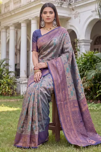 TURQUOISE BLUE ART SILK BANARASI JACUARD WORK SAREE WITH UNSTITCHED BLOUSE PIECE