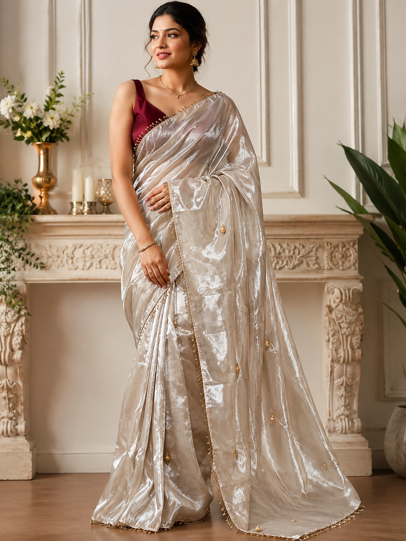 Off White Color Jumka Sareee With Moti Hevy Handwork Lace Silk Blend Saree