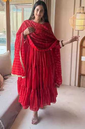 Red silk blend plain anarkali set