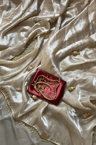 Off White Color Jumka Sareee With Moti Hevy Handwork Lace Silk Blend Saree