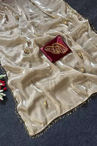 Off White Color Jumka Sareee With Moti Hevy Handwork Lace Silk Blend Saree