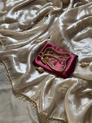 Off White Color Jumka Sareee With Moti Hevy Handwork Lace Silk Blend Saree 4