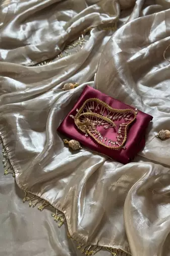 Off White Color Jumka Sareee With Moti Hevy Handwork Lace Silk Blend Saree