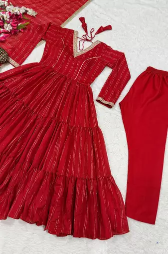 Red silk blend plain anarkali set