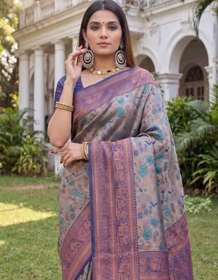 TURQUOISE BLUE ART SILK BANARASI JACUARD WORK SAREE WITH UNSTITCHED BLOUSE PIECE 4