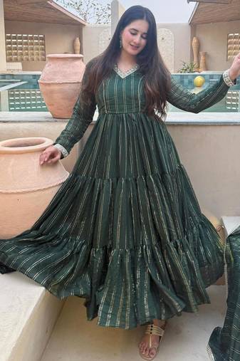 Dark-green silk blend plain anarkali set