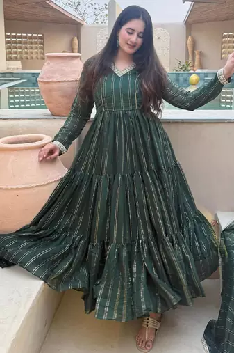 Dark-green silk blend plain anarkali set