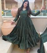 Dark-green silk blend plain anarkali set