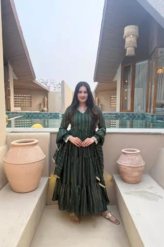 Dark-green silk blend plain anarkali set