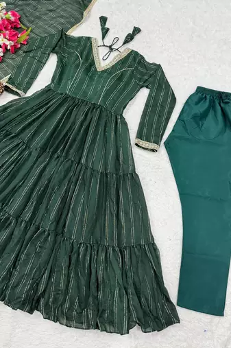 Dark-green silk blend plain anarkali set