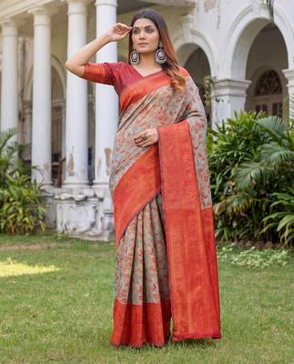 TURQUOISE RED ART SILK BANARASI JACUARD WORK SAREE WITH UNSTITCHED BLOUSE PIECE 1