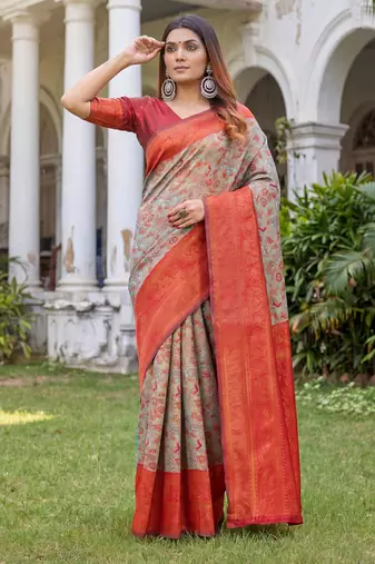 TURQUOISE RED ART SILK BANARASI JACUARD WORK SAREE WITH UNSTITCHED BLOUSE PIECE