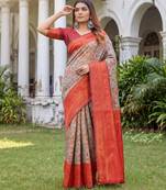TURQUOISE RED ART SILK BANARASI JACUARD WORK SAREE WITH UNSTITCHED BLOUSE PIECE