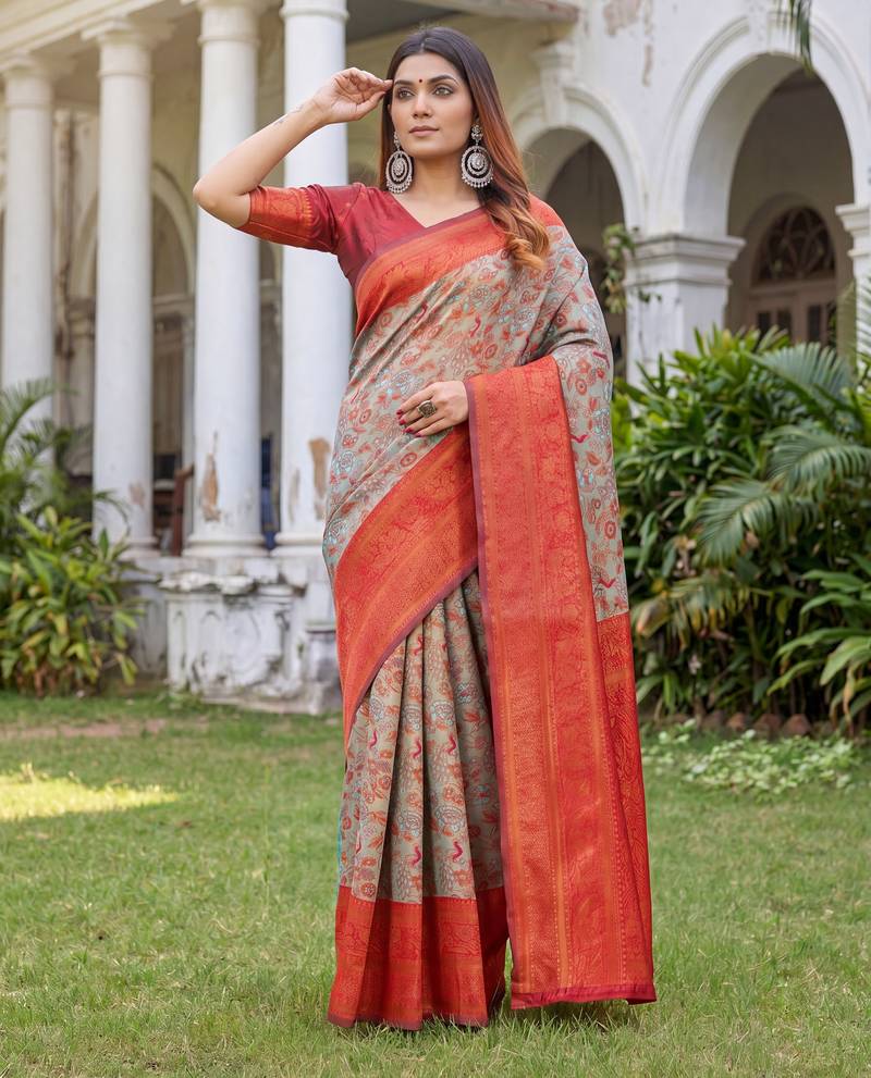 TURQUOISE RED ART SILK BANARASI JACUARD WORK SAREE WITH UNSTITCHED BLOUSE PIECE