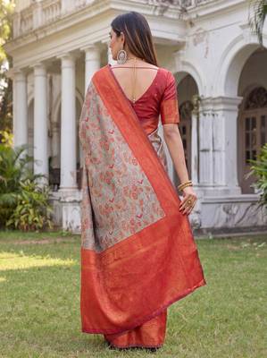 TURQUOISE RED ART SILK BANARASI JACUARD WORK SAREE WITH UNSTITCHED BLOUSE PIECE 2