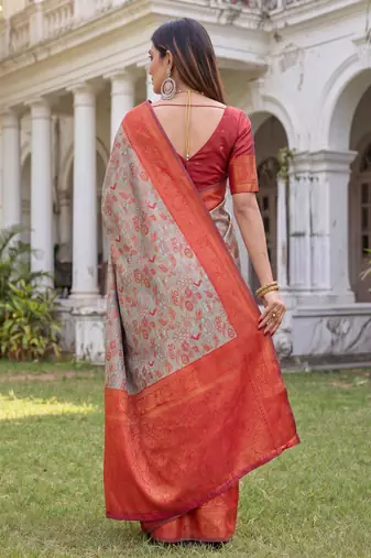 TURQUOISE RED ART SILK BANARASI JACUARD WORK SAREE WITH UNSTITCHED BLOUSE PIECE