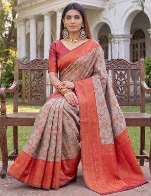 TURQUOISE RED ART SILK BANARASI JACUARD WORK SAREE WITH UNSTITCHED BLOUSE PIECE 3