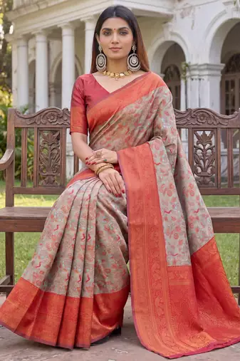 TURQUOISE RED ART SILK BANARASI JACUARD WORK SAREE WITH UNSTITCHED BLOUSE PIECE