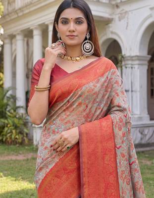 TURQUOISE RED ART SILK BANARASI JACUARD WORK SAREE WITH UNSTITCHED BLOUSE PIECE 4