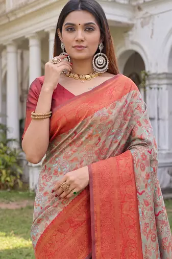 TURQUOISE RED ART SILK BANARASI JACUARD WORK SAREE WITH UNSTITCHED BLOUSE PIECE