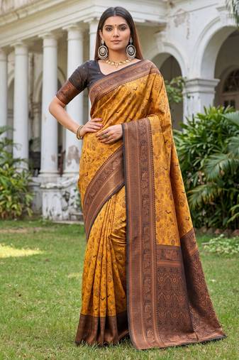 YELLOW BLACK ART SILK BANARASI JACUARD WORK SAREE WITH UNSTITCHED BLOUSE PIECE