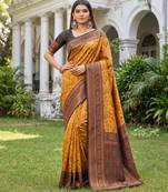 YELLOW BLACK ART SILK BANARASI JACUARD WORK SAREE WITH UNSTITCHED BLOUSE PIECE
