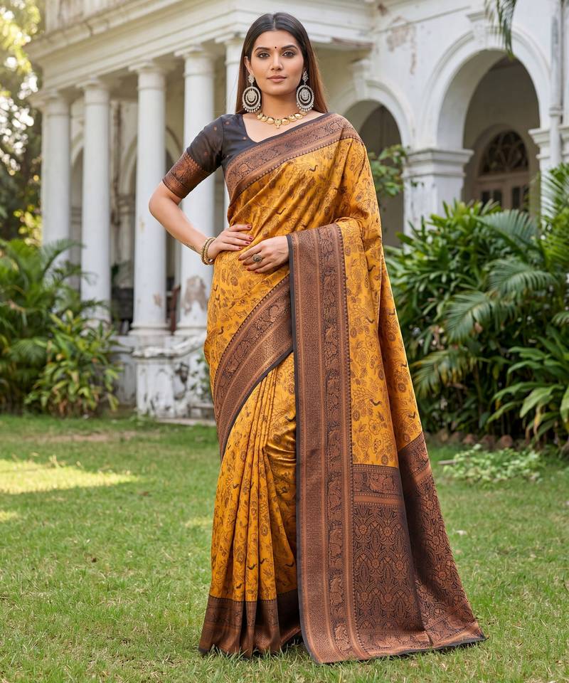YELLOW BLACK ART SILK BANARASI JACUARD WORK SAREE WITH UNSTITCHED BLOUSE PIECE