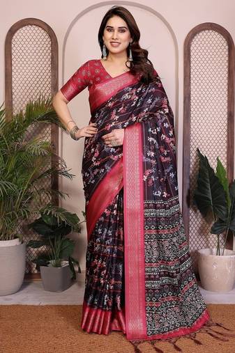 black zari weaving border work cotton blend saree