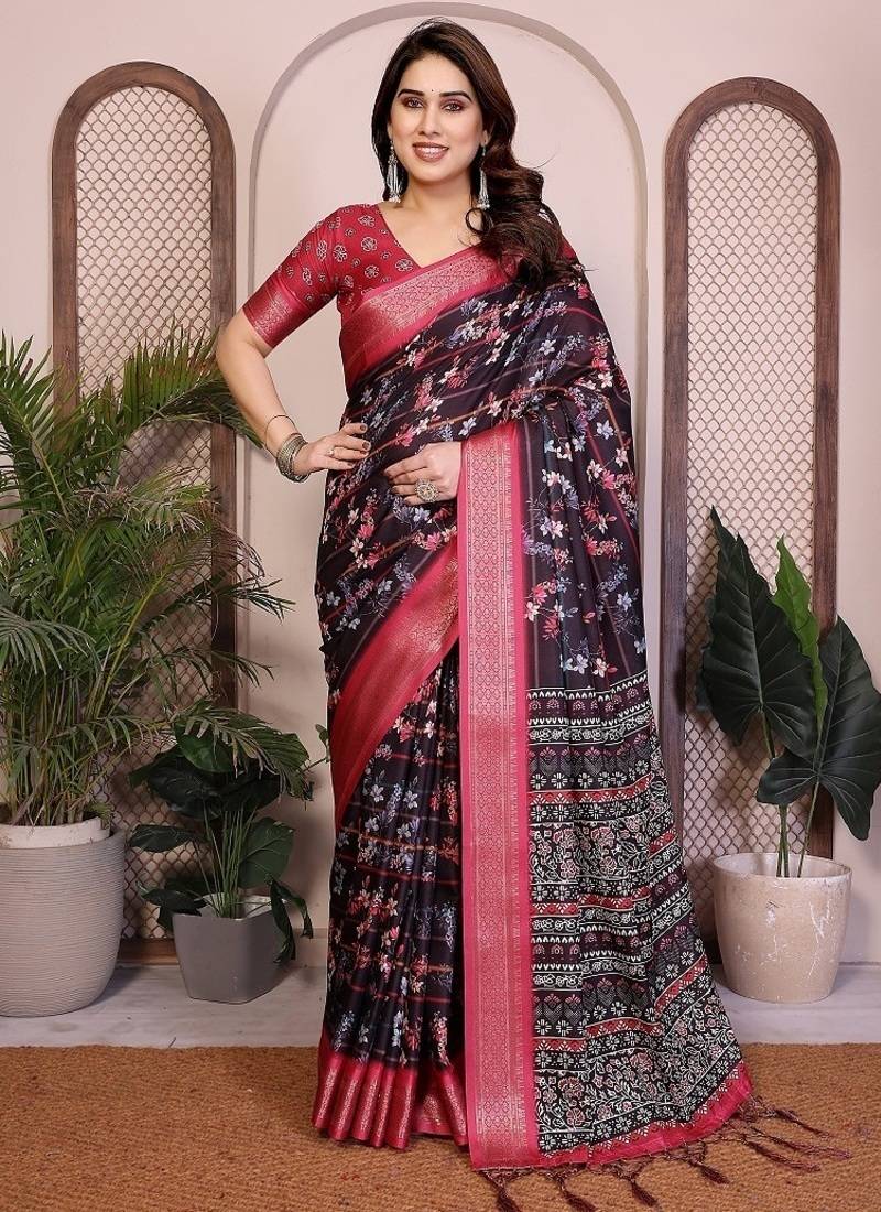 black color zari weaving border work cotton blend saree