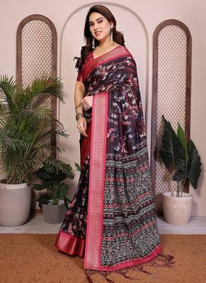 black color zari weaving border work cotton blend saree 2