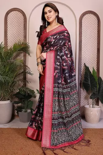 black zari weaving border work cotton blend saree