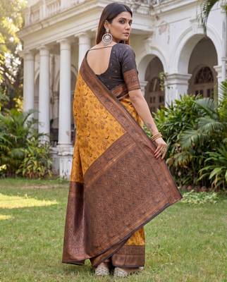 YELLOW BLACK ART SILK BANARASI JACUARD WORK SAREE WITH UNSTITCHED BLOUSE PIECE 2