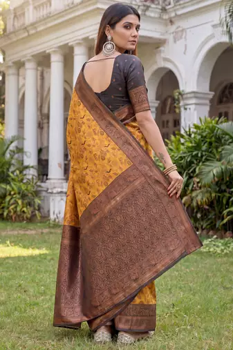 YELLOW BLACK ART SILK BANARASI JACUARD WORK SAREE WITH UNSTITCHED BLOUSE PIECE