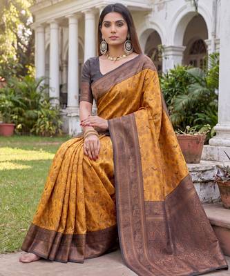 YELLOW BLACK ART SILK BANARASI JACUARD WORK SAREE WITH UNSTITCHED BLOUSE PIECE 3