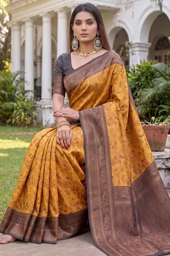 YELLOW BLACK ART SILK BANARASI JACUARD WORK SAREE WITH UNSTITCHED BLOUSE PIECE