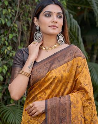 YELLOW BLACK ART SILK BANARASI JACUARD WORK SAREE WITH UNSTITCHED BLOUSE PIECE 4