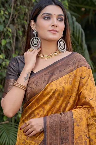 YELLOW BLACK ART SILK BANARASI JACUARD WORK SAREE WITH UNSTITCHED BLOUSE PIECE