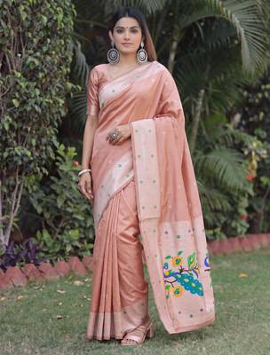 BEIGE ART SILK JACUARD WORK SAREE WITH UNSTITCHED BLOUSE PIECE 1