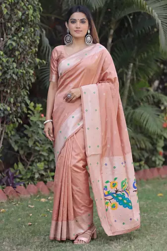 BEIGE ART SILK JACUARD WORK SAREE WITH UNSTITCHED BLOUSE PIECE