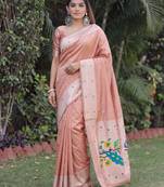 BEIGE ART SILK JACUARD WORK SAREE WITH UNSTITCHED BLOUSE PIECE