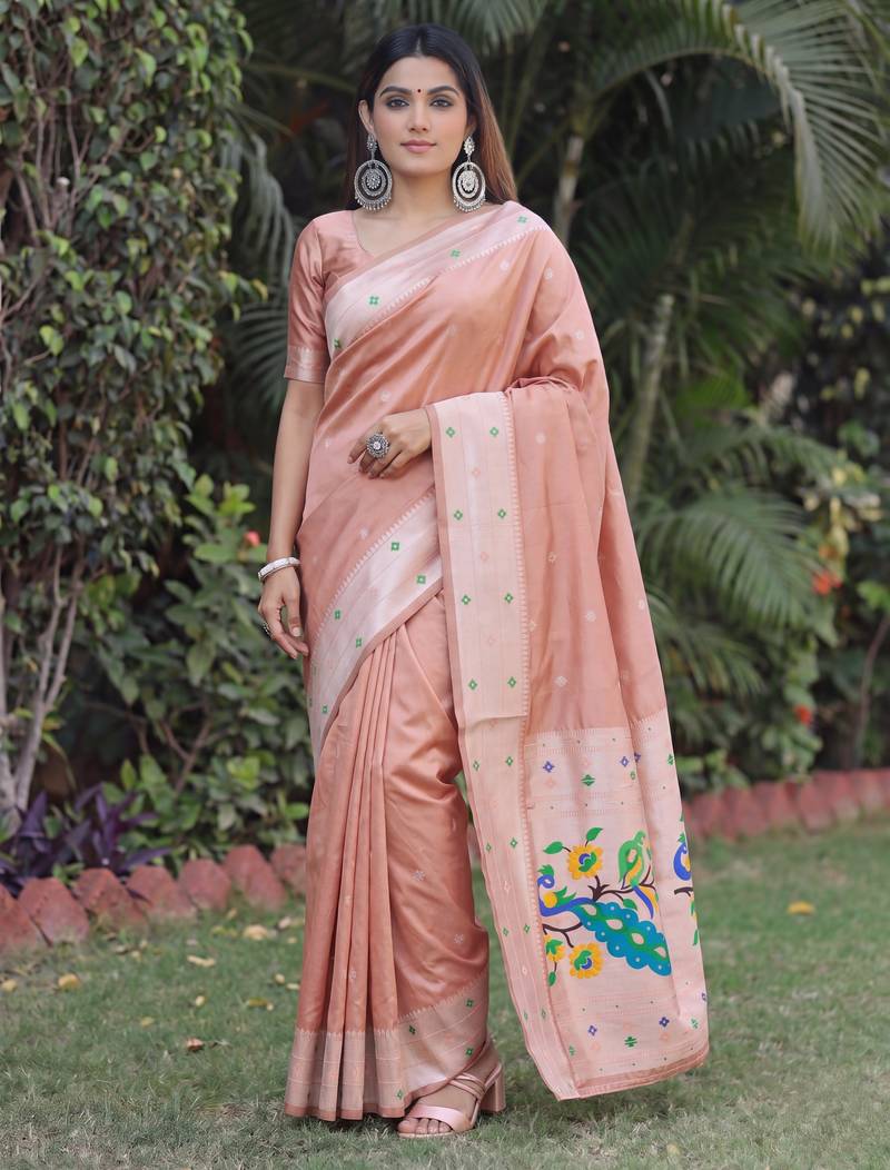 BEIGE ART SILK JACUARD WORK SAREE WITH UNSTITCHED BLOUSE PIECE