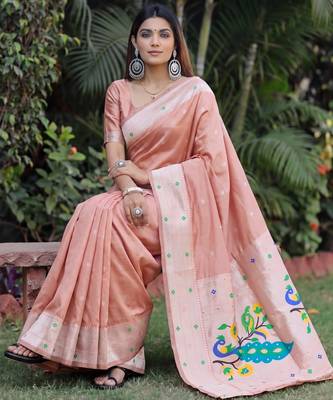 BEIGE ART SILK JACUARD WORK SAREE WITH UNSTITCHED BLOUSE PIECE 2